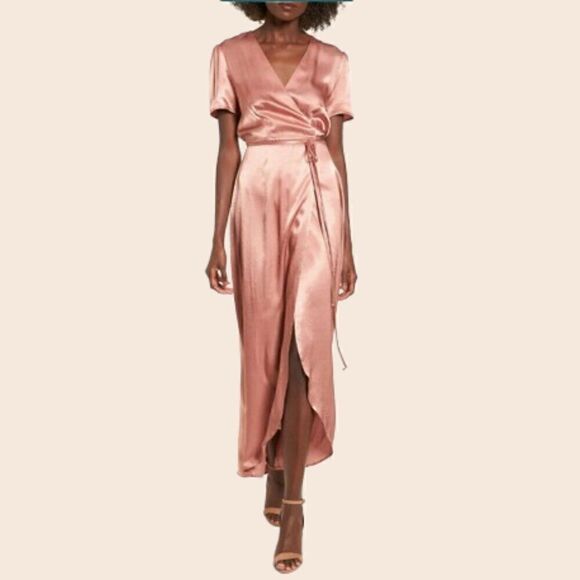 WAYF Rose Gold Gwyneth Wrap Satin Midi Dress Size Small - Picture 1 of 16